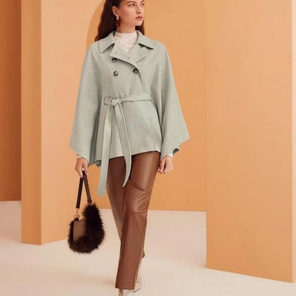 Double Breasted Cloak Sleeve Belted Jacket Cape Overcoat - Picture 6 of 9